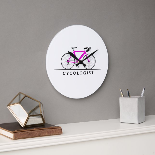 Cycologist text with pink bicycle large clock (Office)
