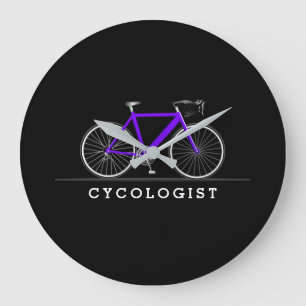Cycologist text with purple bicycle large clock