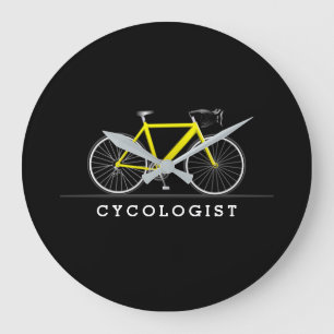 Cycologist text with yellow bicycle large clock