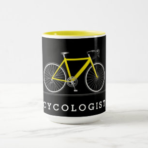 Cycologist text with yellow bicycle mug