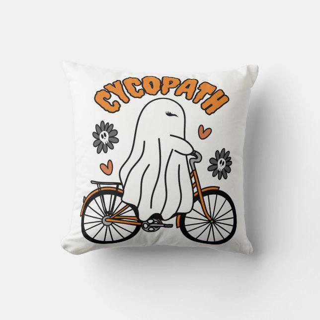 Cycopath Halloween Ghost on Orange Bicycle  Cushion (Front)