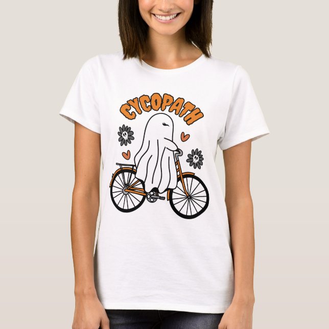 Cycopath Halloween Ghost on Orange Bicycle  T-Shirt (Front)