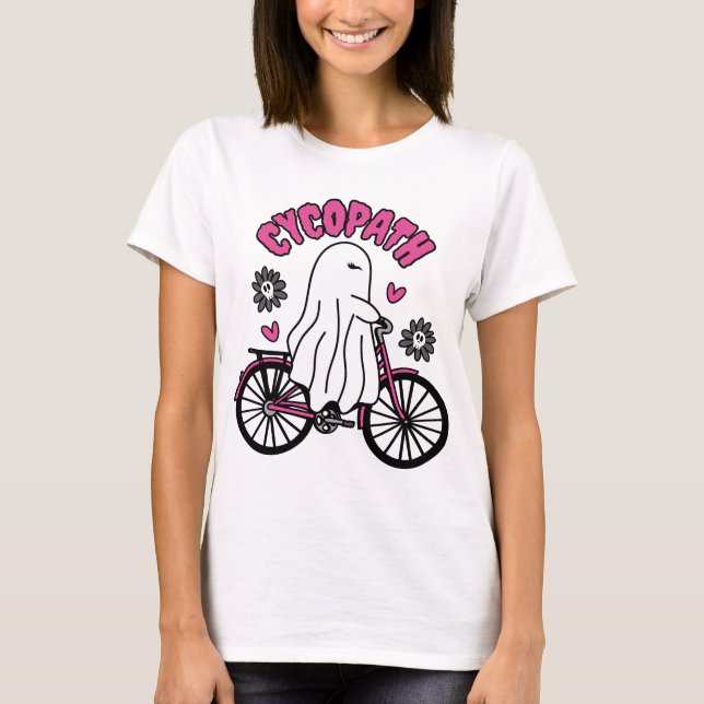 Cycopath Halloween Ghost on Pink Bicycle  T-Shirt (Front)