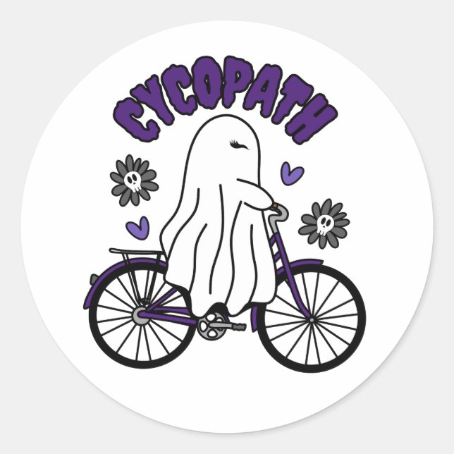 Cycopath Halloween Ghost on Purple Bicycle  Classic Round Sticker (Front)