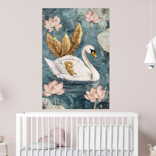 cygne blanc entouré de fleurs de lotus. poster