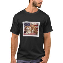 Cymric Cat In Front Of American Flag