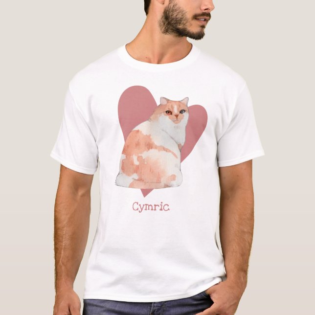 Cymric Cat Watercolor Kitty Pink Heart T-Shirt (Front)