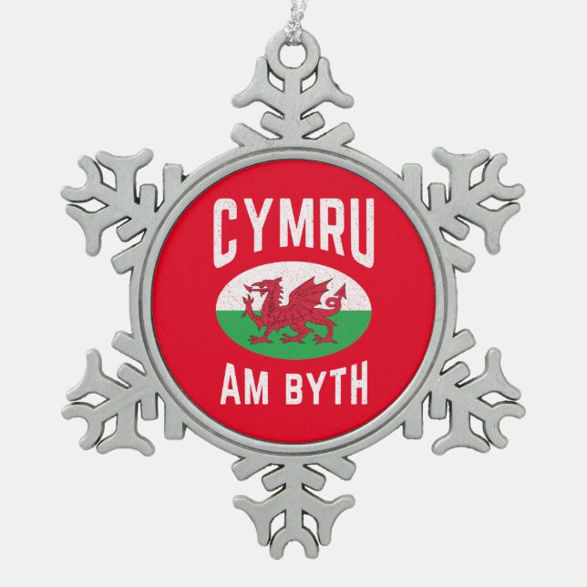 Cymru Am Byth Wales Flag Proud Welsh Vintage Rugby Snowflake Pewter Christmas Ornament (Front)