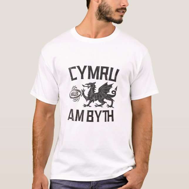 Cymru Am Byth Wales Rugby Dragon Banner Welshman T-Shirt (Front)