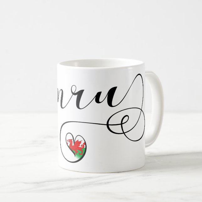 Cymru Welsh Flag In Heart, Wales Coffee Mug (Front Right)