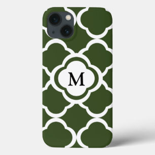 Cypress Green and White Quatrefoil Monogram iPhone 13 Case