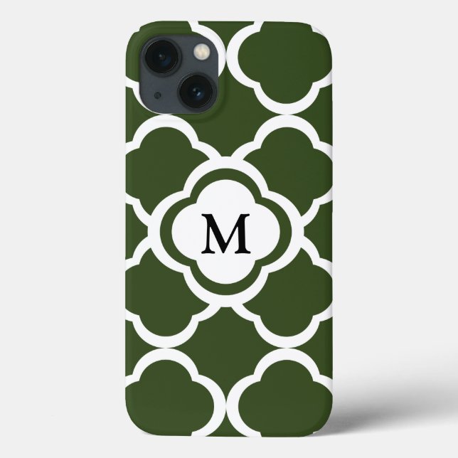 Cypress Green and White Quatrefoil Monogram Case-Mate iPhone Case (Back)