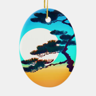 Cypress Tree and Full Moon Ceramic Ornament
