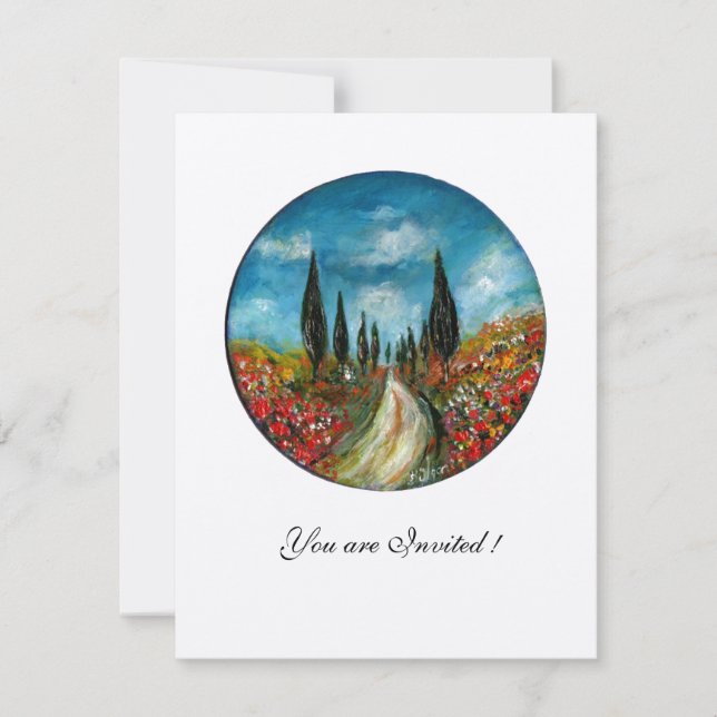 CYPRESS TREES AND POPPIES IN TUSCANY,red blue felt Invitation (Front)