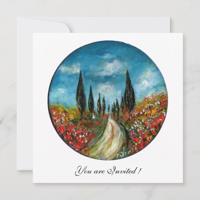 CYPRESS TREES AND POPPIES IN TUSCANY, red blue Invitation (Front)