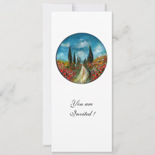 CYPRESS TREES AND POPPIES IN TUSCANY, red blue Invitation