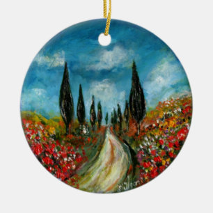 CYPRESS TREES AND POPPIES  IN TUSCANY ROUND CERAMIC TREE DECORATION