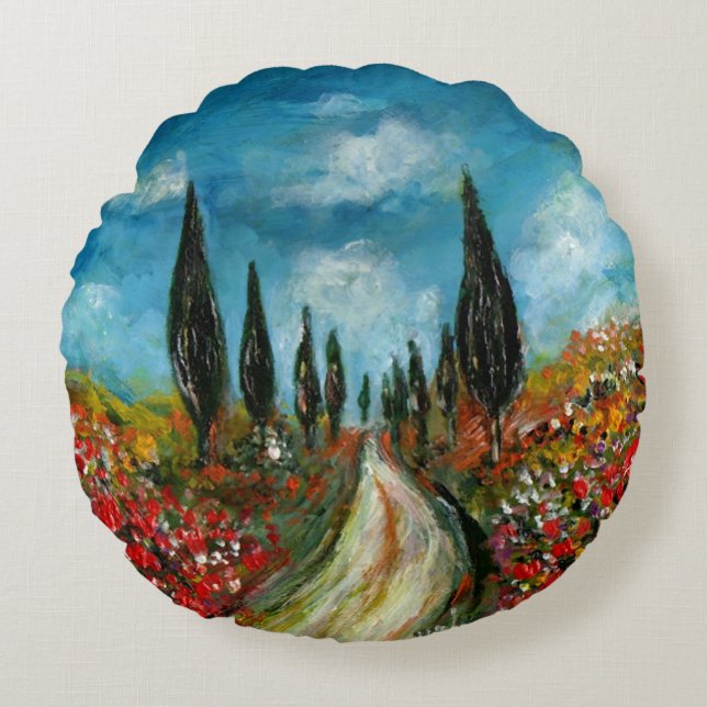 CYPRESS TREES AND POPPIES  IN TUSCANY ROUND CUSHION (Front)