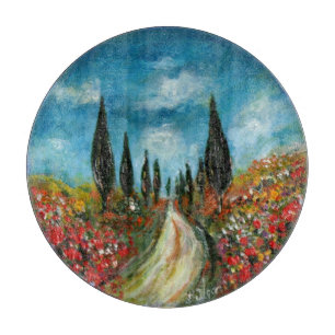 CYPRESS TREES AND POPPIES  IN TUSCANY ROUND CUTTING BOARD