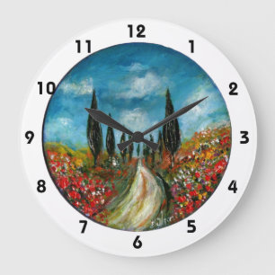 CYPRESS TREES AND POPPIES IN TUSCANY ROUND LARGE CLOCK