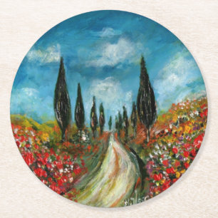 CYPRESS TREES AND POPPIES  IN TUSCANY ROUND PAPER COASTER