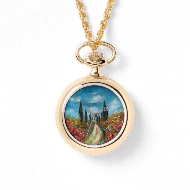 CYPRESS TREES AND POPPIES  IN TUSCANY ROUND WATCH (Front)