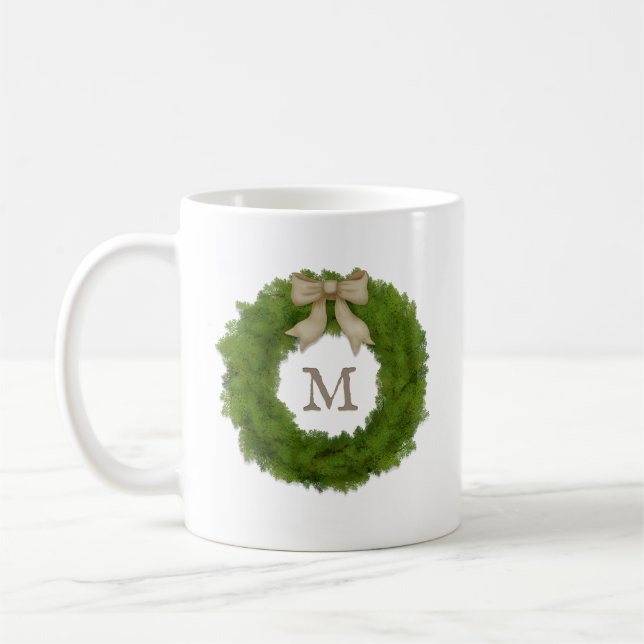 Cypress Wreath With Ribbon Bow Custom Monogrammed Coffee Mug (Left)