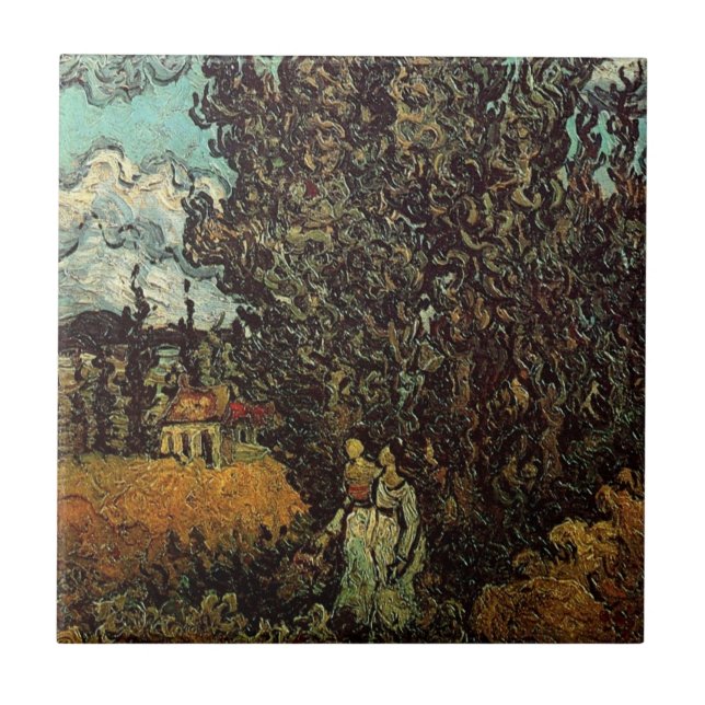 Cypresses and Two Women by Vincent van Gogh Tile (Front)