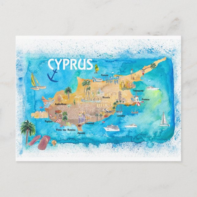 Cyprus Illustrated Map with Main Roads Landmarks  Postcard (Front)