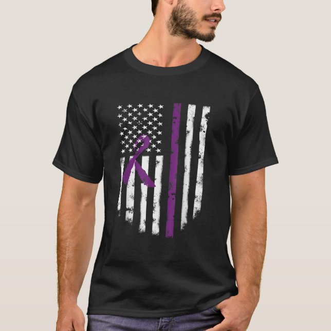 Cystic Fibrosis Awareness American Flag Purple Rib T-Shirt (Front)