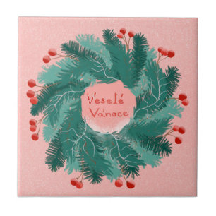 Czech Merry Christmas wreath Ceramic Tile