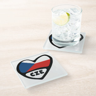 Czech Republic Country Code Flag Heart, CZE Glass Coaster