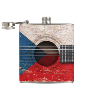 Czech Republic Flag on Old Acoustic Guitar Hip Flask