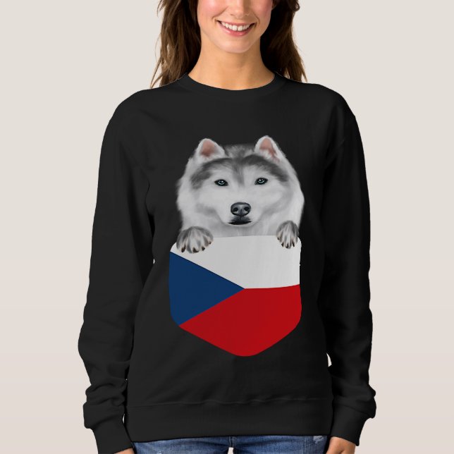Czech Republic Flag Siberian Husky Dog In Pocket Sweatshirt (Front)