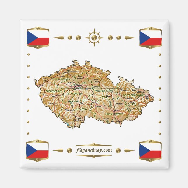 Czechia Map + Flags Magnet (Front)