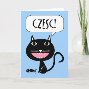 Czesc! Hello Card in Polish, Cat and Fish Bones