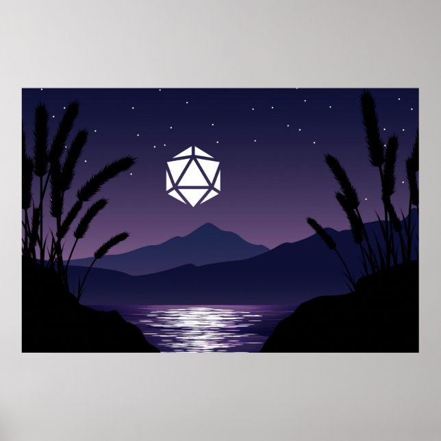 D20 Dice Moon Beach Reflection Tabletop RPG Poster (Front)