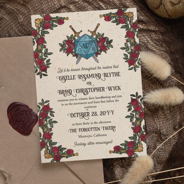 D20 Monogram Red Roses RPG Themed Wedding Invitation (Creator Uploaded)