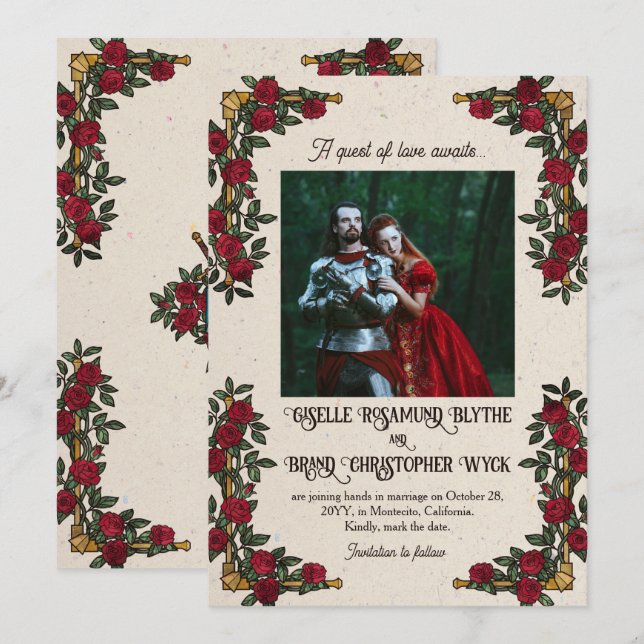 D20 Monogram Red Roses RPG Themed Wedding Save The Date (Front/Back)