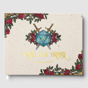 D20 Monogram Roses RPG Wedding Gold Guest Book