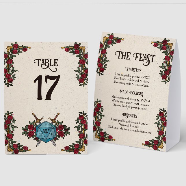 D20 Monogram Roses RPG Wedding Menu & Table Number (Front/Back)