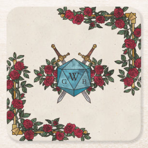 D20 Monogram Roses RPG Wedding Square Paper Coaster