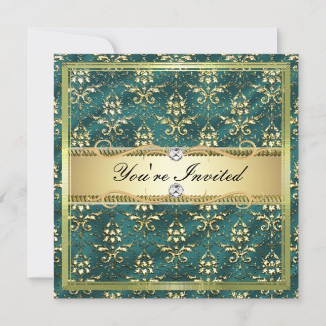 D2 Elegant Gold Teal Damask Card Template (Front)