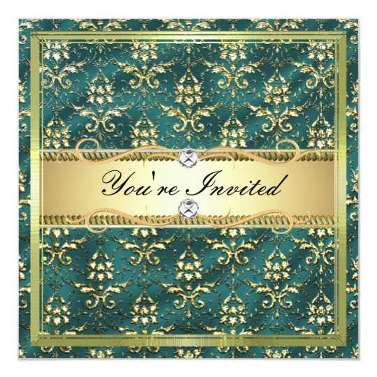 D2 Elegant Gold Teal Damask Card Template