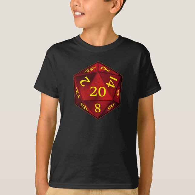 D&D d20 Crimson and Gold FIRE die T-Shirt (Front)