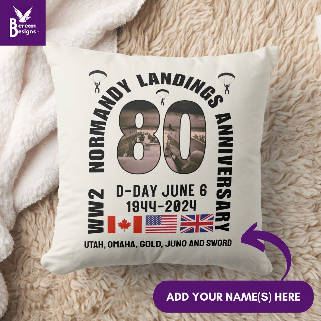 D-DAY NORMANDY LANDINGS WW2 80th Anniversary  Cushion (Souvenir throw pillow for 80th anniversary of D-Day landings. Customizable. Ideal gift for veterans )