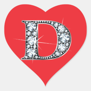 "D" Diamond Bling on Red Heart Sticker