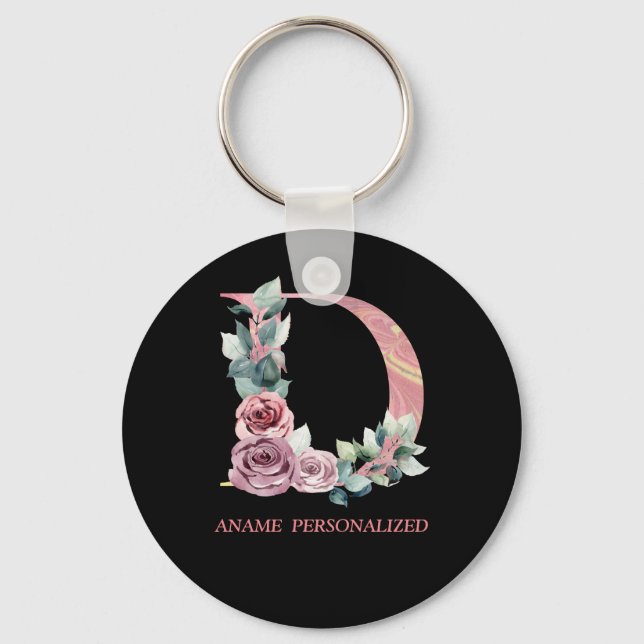 D Floral Monogram Name Letters Pink Agate Keychain (Front)