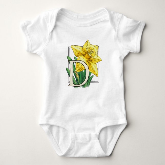 D for Daffodil Flower Monogram Baby Clothes Bodysuit (Front)