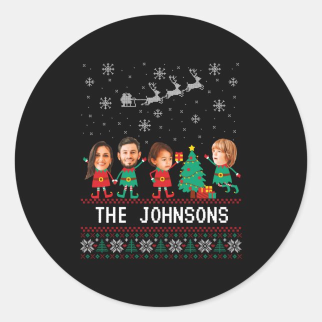 D Funny Face Photo Christmas Elf Family  Classic Round Sticker (Front)